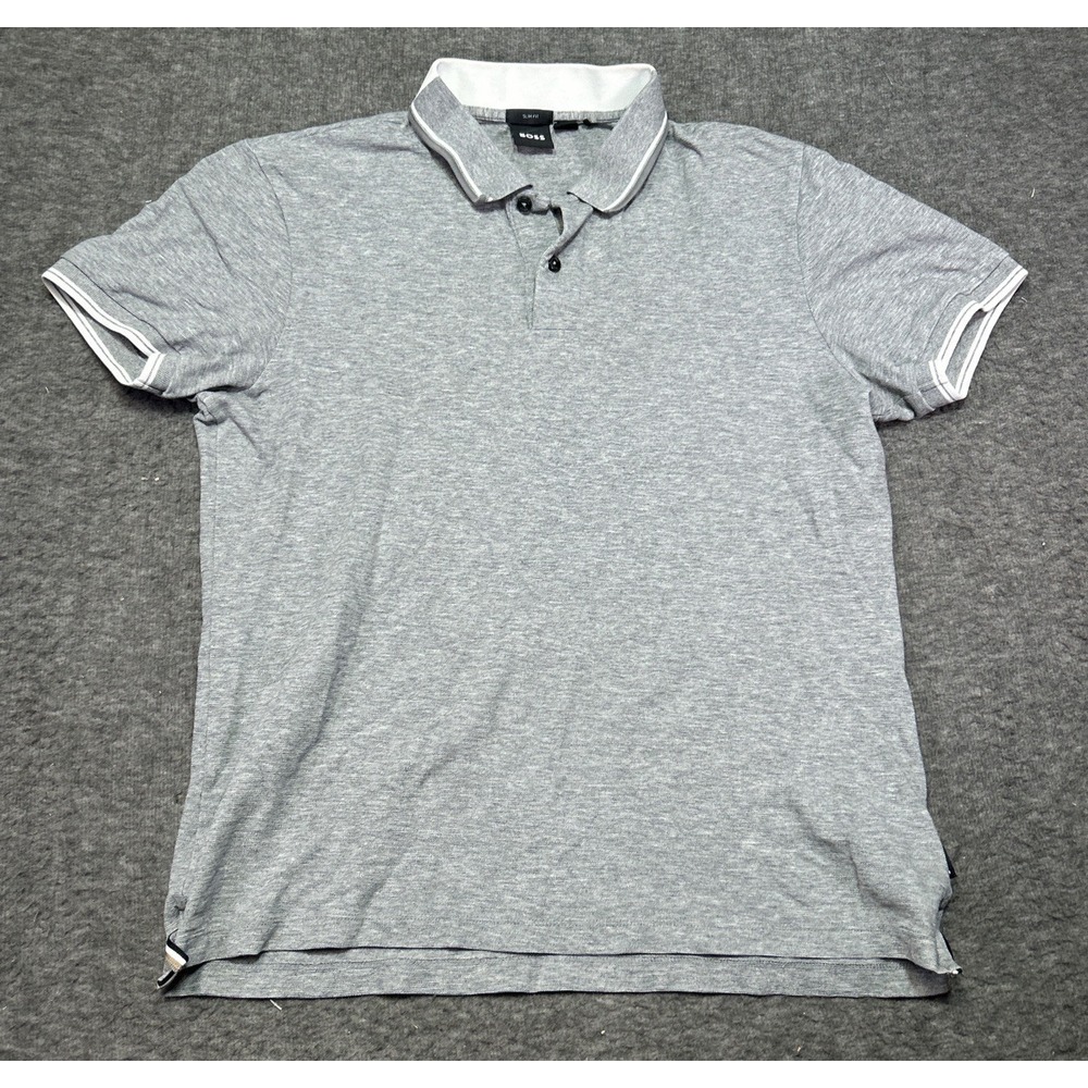 Hugo Boss Polo Shirt Mens Medium Grey Tipped Slim‎ Fit Casual Modern Golf Preppy